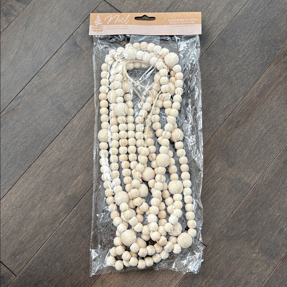 BOUCLAIR Wooden Bead Garland, Natural Decor Holiday Mantle Christmas Seasonal